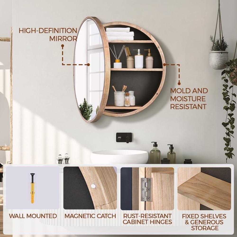 600mm Round Oak-Look Bathroom Mirror Cabinet with 3 Shelves
