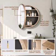 600mm Round Oak-Look Bathroom Mirror Cabinet with 3 Shelves