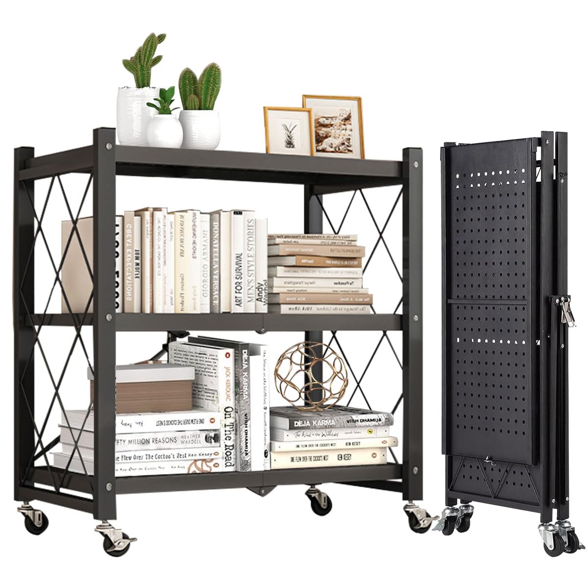 3-Tier Foldable Rolling Storage Shelf – Black