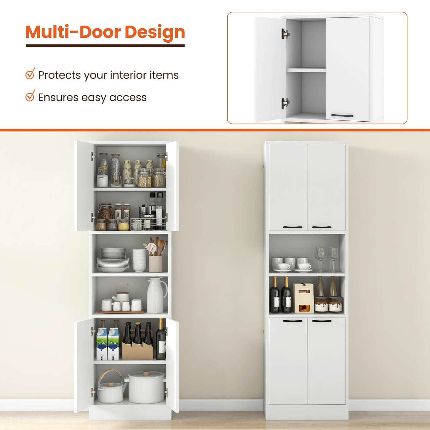 190 cm White Freestanding Pantry Cabinet with Doors & Shelves