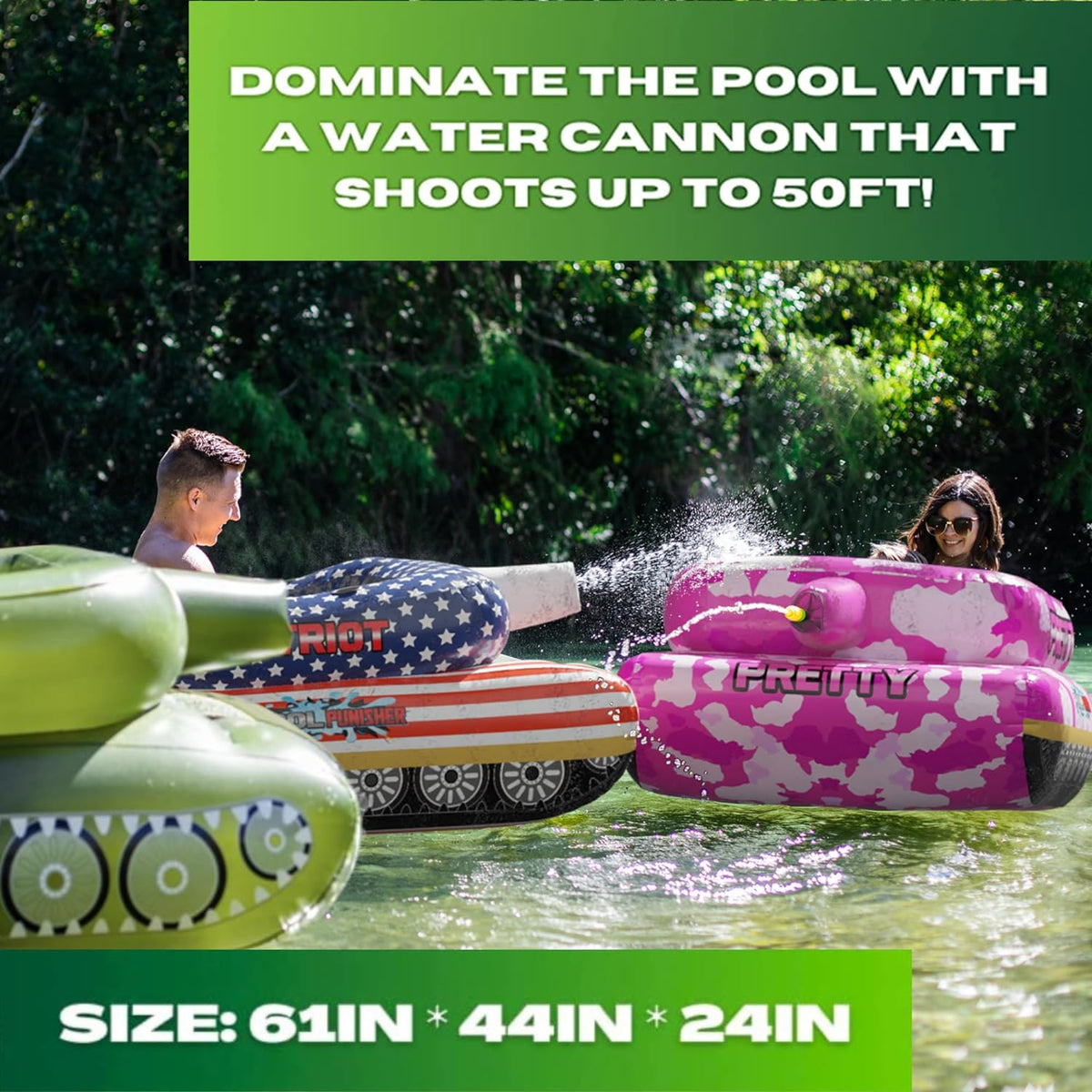 Pool Punisher Inflatable Toy Tank with Squirt Gun- Swimming Accessories for Kids, Teens and Adults - Giant Size Outdoor Water Toys for Lakes and Beach - Swim Stuff for Summer