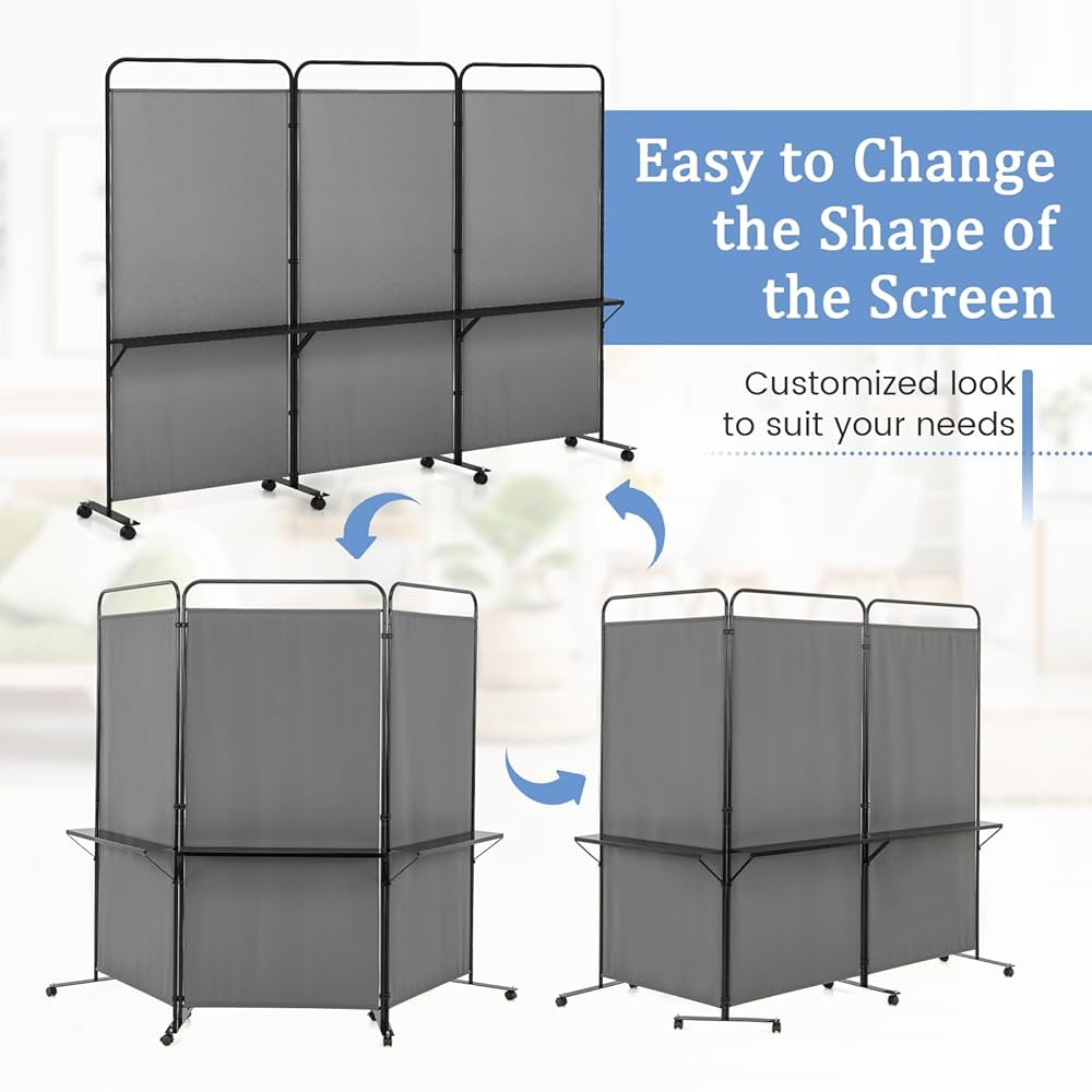 188cm Rolling 3-Panel Room Divider with 3 Shelves – 3 Colours