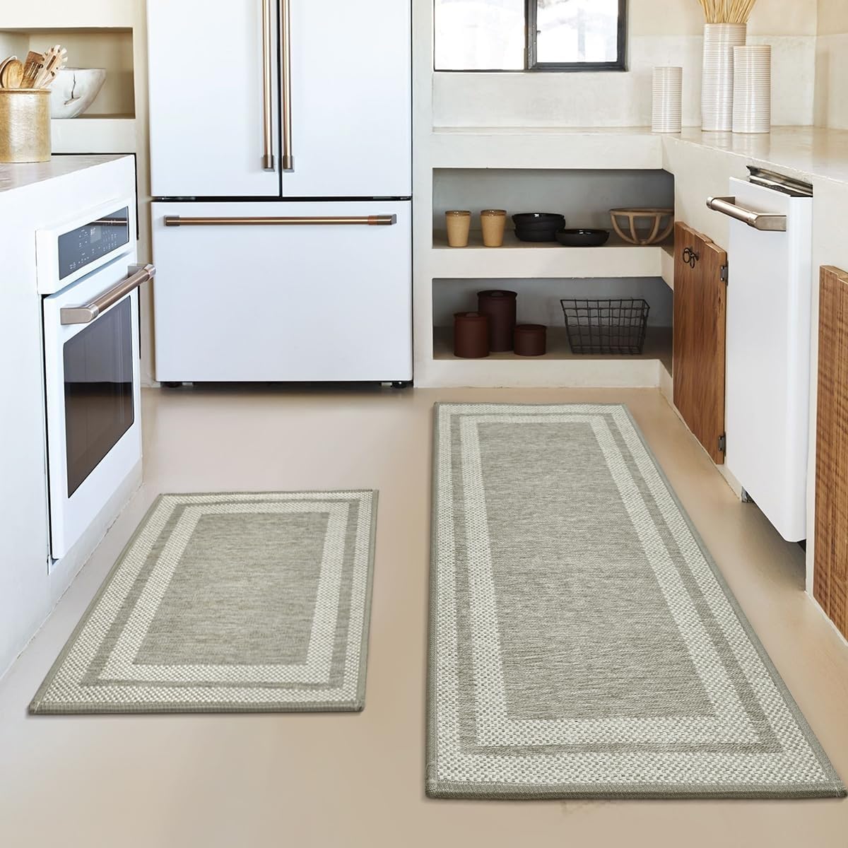 2-Piece Beige-Grey Absorbent Kitchen Rug Set – 43 × 73 & 43 × 118 cm