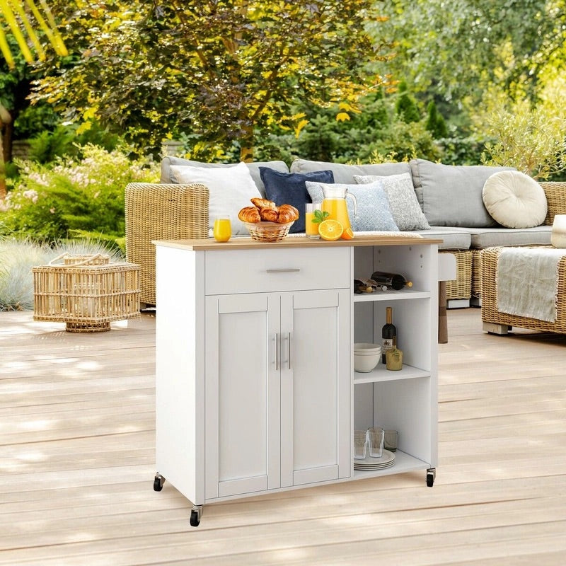 107 cm Rolling Kitchen Island with Wine Rack & Cabinet
