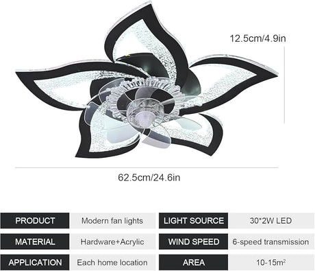Modern Ceiling Fans with Lights, 62cm Dimmable LED Ceiling Fan Light, 6 Wind Speeds Silent Fan Light for Bedroom Living Room Kitchen - Black, Remote & App Contro
