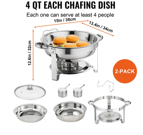 2-Pack Round Chafing Dish Set with Full-Size 4Qt Pan Glass Lid Fuel Holder