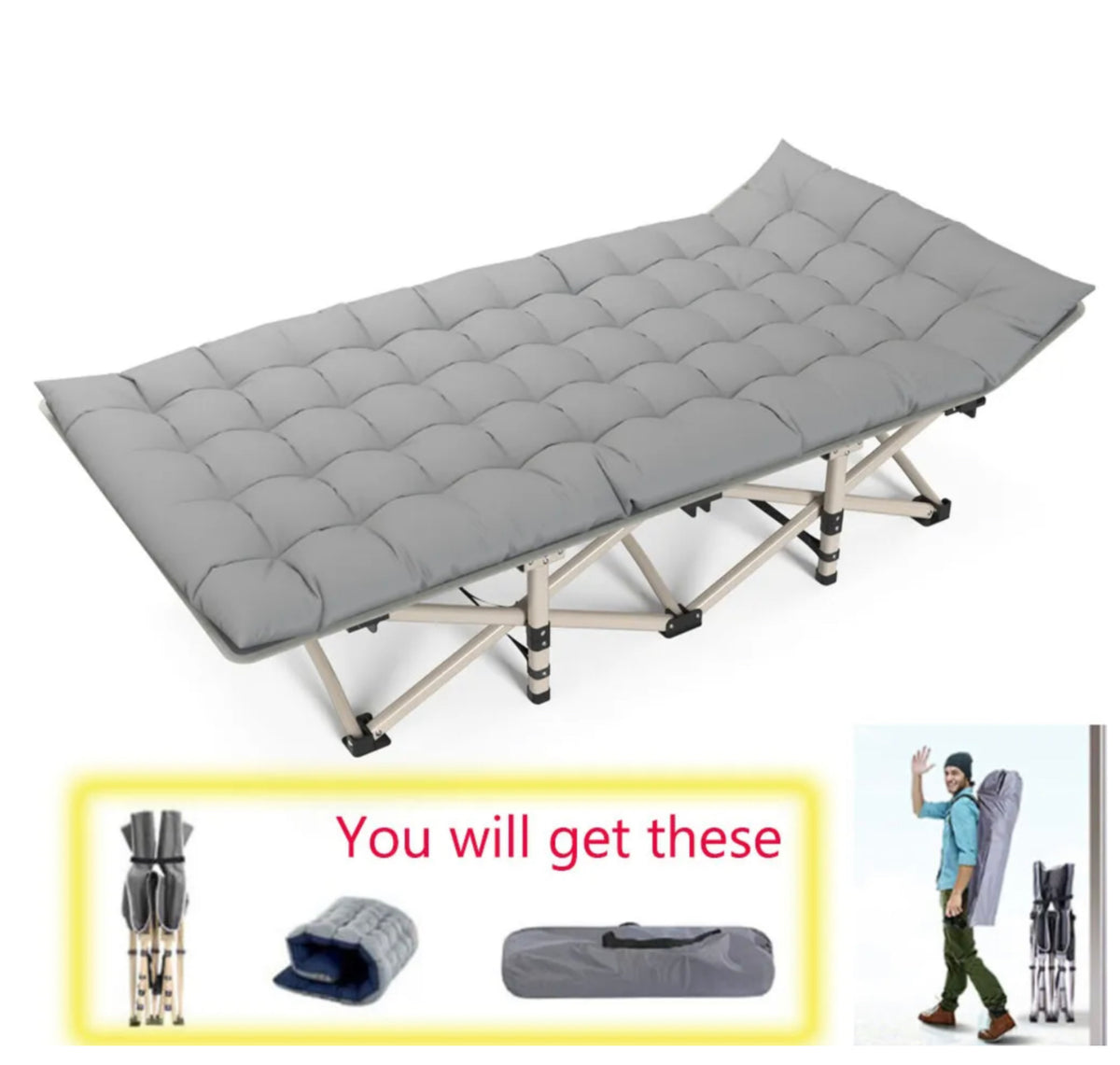 Folding Camping Stretcher with Mat & Carry Bag – Up to 150 kg