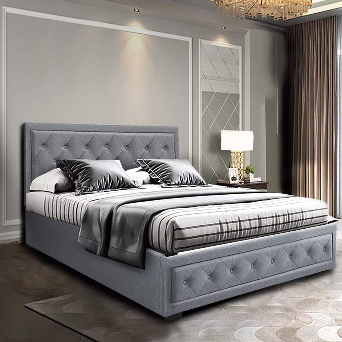 Grey Upholstered Double Gas-Lift Storage Bed with Tufted Headboard