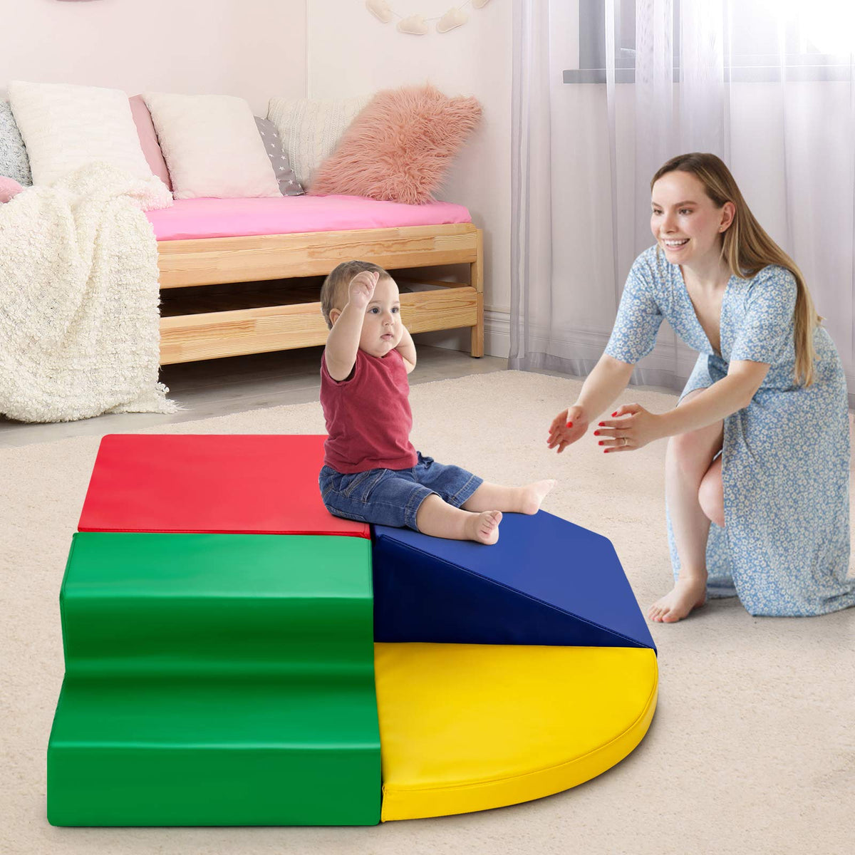 Climb and Crawl Foam Play Set, 4-Piece Soft Toddler Corner Climbing Sliding Blocks, Indoor Activity Play Foam for Babies & Toddlers, Lightweight Foam Gym Equipment Activity Play Set (Red)