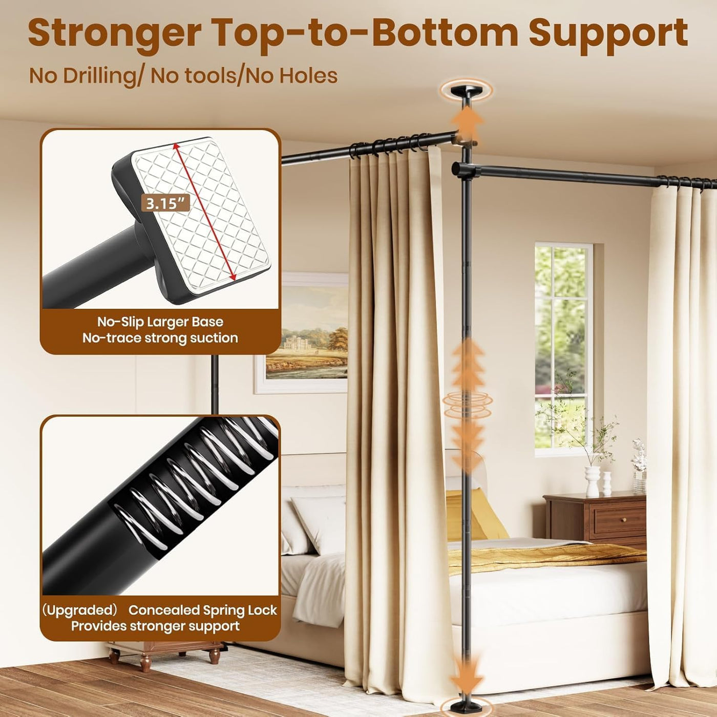 Tension Curtain Rod for Room Partition, No Drilling, 121-304cm(H) 71-434cm(W) | Floor to Ceiling Room Divider, Black, Strong Weight Capacity, Quick Assemble, Wall Divider for Bedroom Dorm Privacy