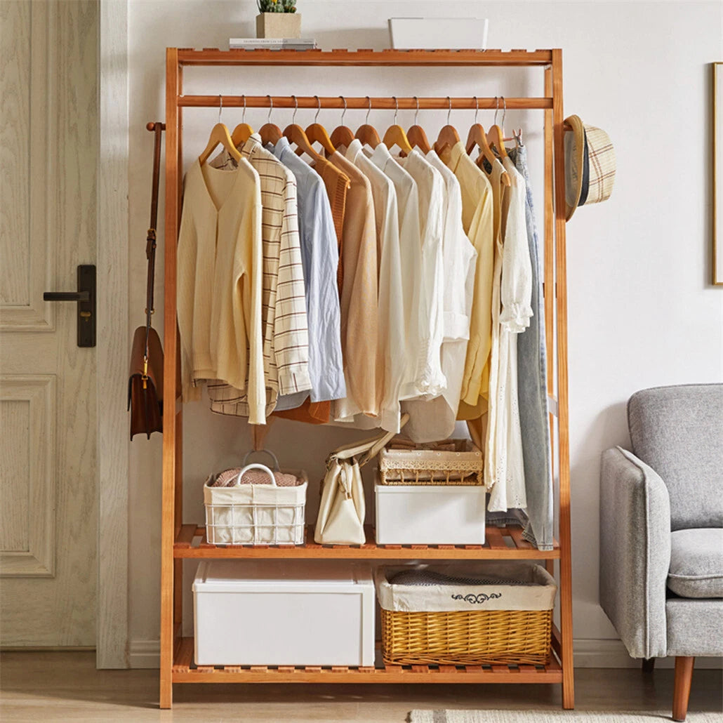 165cm Bamboo Garment Rack with 3 Shelves & 10 Hooks