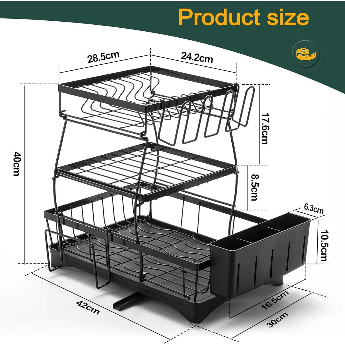 3-Tier Black Dish Rack with 270° Drain Channel
