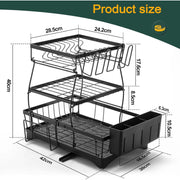 3-Tier Black Dish Rack with 270° Drain Channel