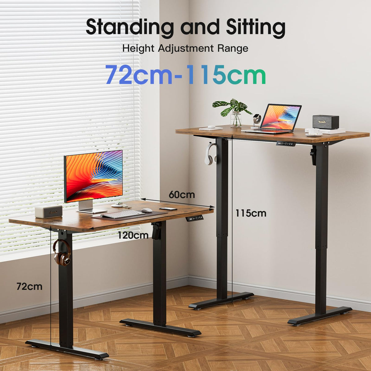 Electric Standing Desk, Height Adjustable Sit Stand Desk with Hooks for Home Office, Metal Frame Stand up Desk with Powerful Motor, Ergonomic Computer Desk for Home Office 120×60CM(Brown)