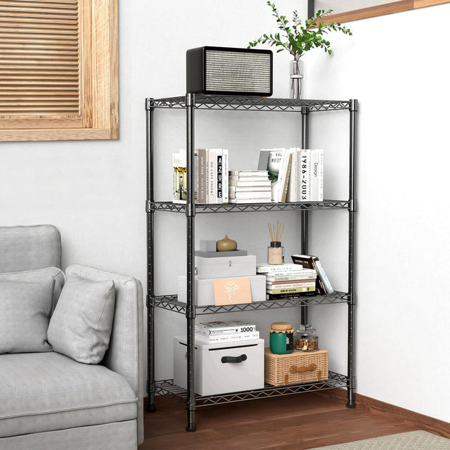 MZG 454kg Capacity Heavy Duty 4-Tier Metal Storage Shelving Unit, Adjustable Steel Wire Rack Organizer for Home, Kitchen, or Office (Chrome, 35L x 75W x 120H cm)