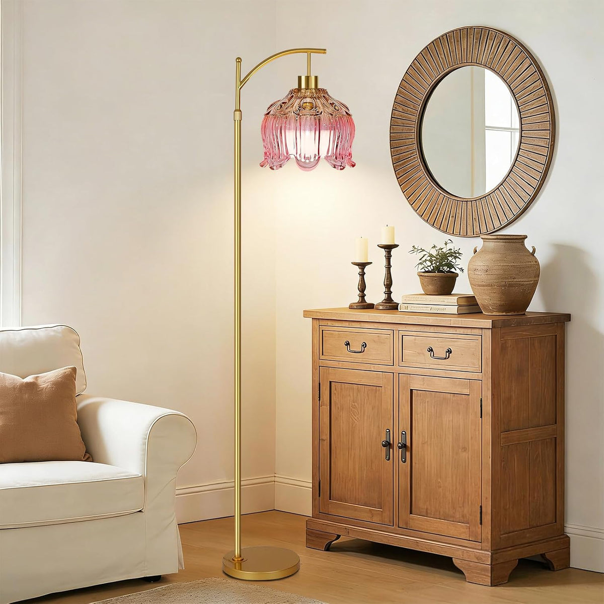 Gold Dimmable Floor Lamp with Pink Glass Shade