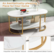2-Tier Oval Faux-Marble Coffee Table – White & Gold