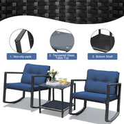3-Piece Navy Rattan Rocking Chair & Glass Table Set