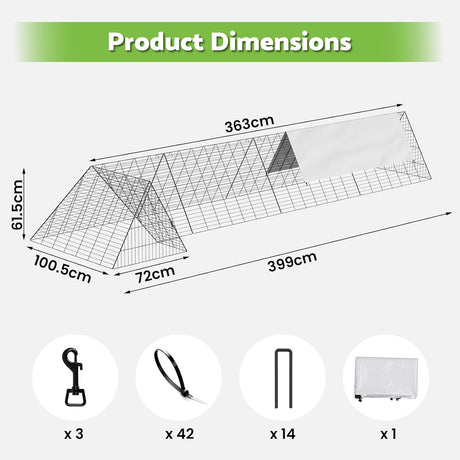 Advwin Chicken Run Tunnel for Yard, 400 x 100 x 61.5 cm Portable Chicken Pen Outside with Cover, Ducks & Rabbits, Chicken Coop with Corner Frames for Custom Layouts