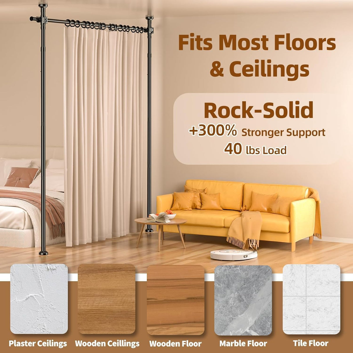 No-Drill Floor to Ceiling Room Divider, Adjustable Tension Rod Partition for Bedroom, Living Room or Studio (Black, Single Rod)