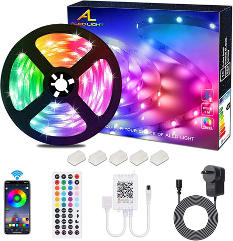 5M Bluetooth LED Strips Lights ALED LIGHT Non-Waterproof 5050 12V RGB 90LEDs Multicolor 44-Key Remote&APP Control Lighting Kit for Cafe,Bar,TV Backboard,Corridor,Gaming Room,DIY Home Decor