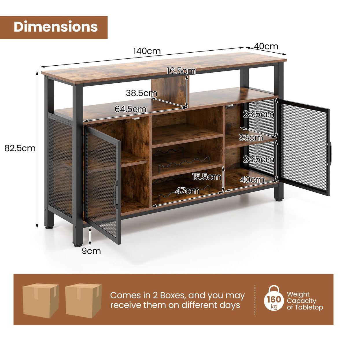 140 cm Rustic Wine Bar Cabinet with 8-Bottle Rack & Glass Holders