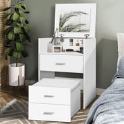 White Fold-Away Vanity Desk with Mirror, 3 Drawers & Hidden Stool