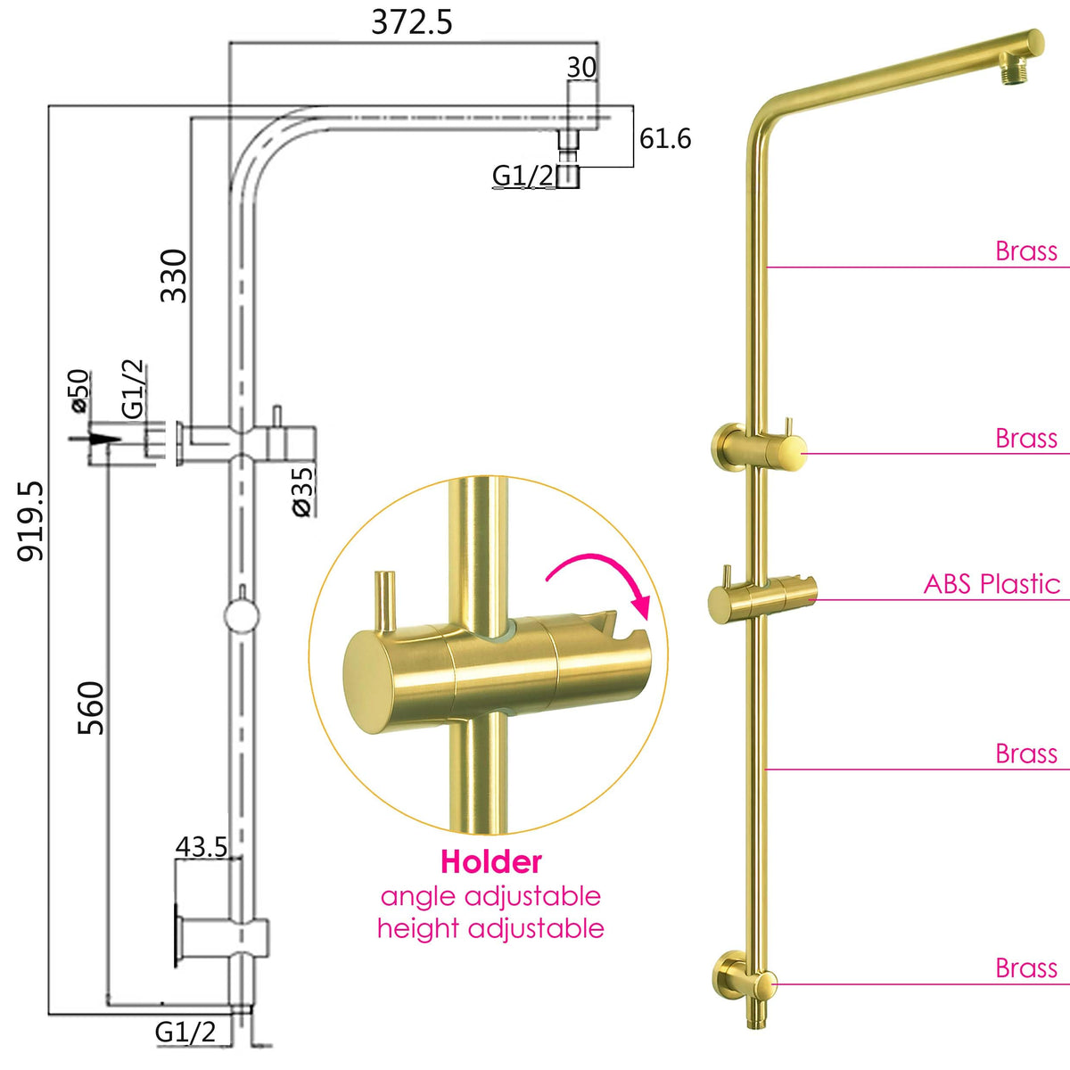 Round Brushed-Gold Twin Shower Rail Set