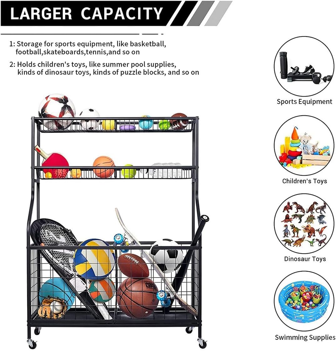 Rolling Sports-Ball Storage Rack with Baskets & Hooks