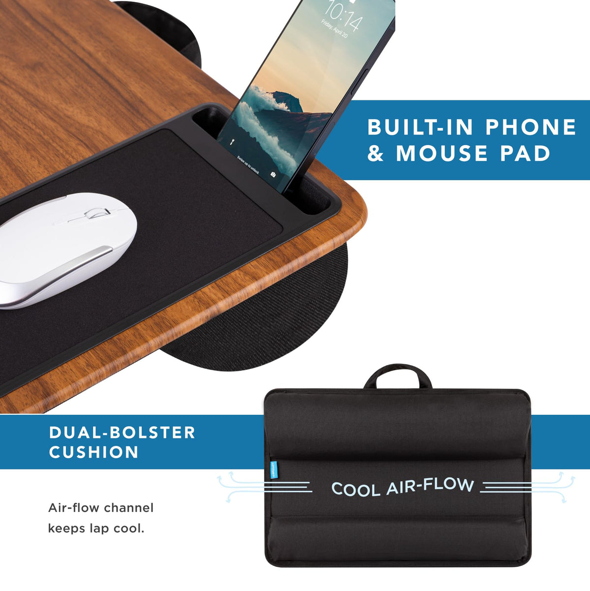 Espresso Lap Desk with Wrist Rest, Mouse Pad & Phone Holder