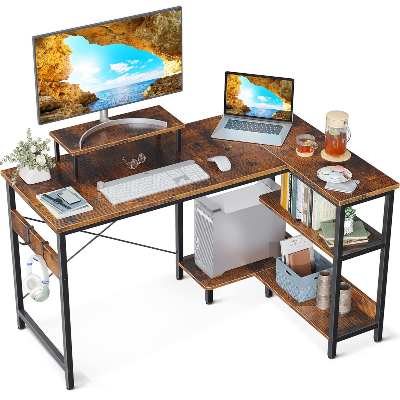 118 cm Rustic-Brown L-Shaped Desk with Shelves & Monitor Stand