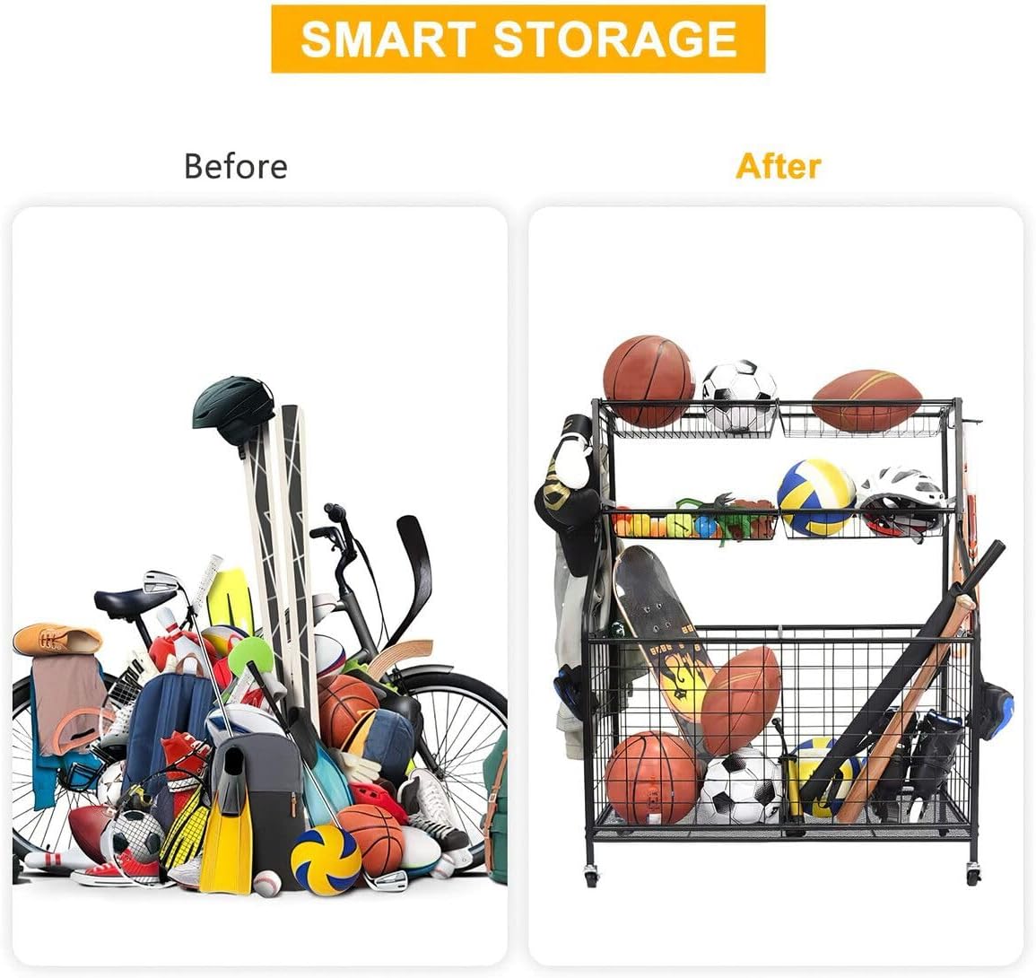 All-in-one Ball Storage Rack Metal Garage Sports Equipment Storage Organizer Basketball Holder Cart 91x42x116.5cm w/Wheels Hooks,Indoor Outdoor