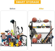 Rolling Sports-Ball Storage Rack with Baskets & Hooks