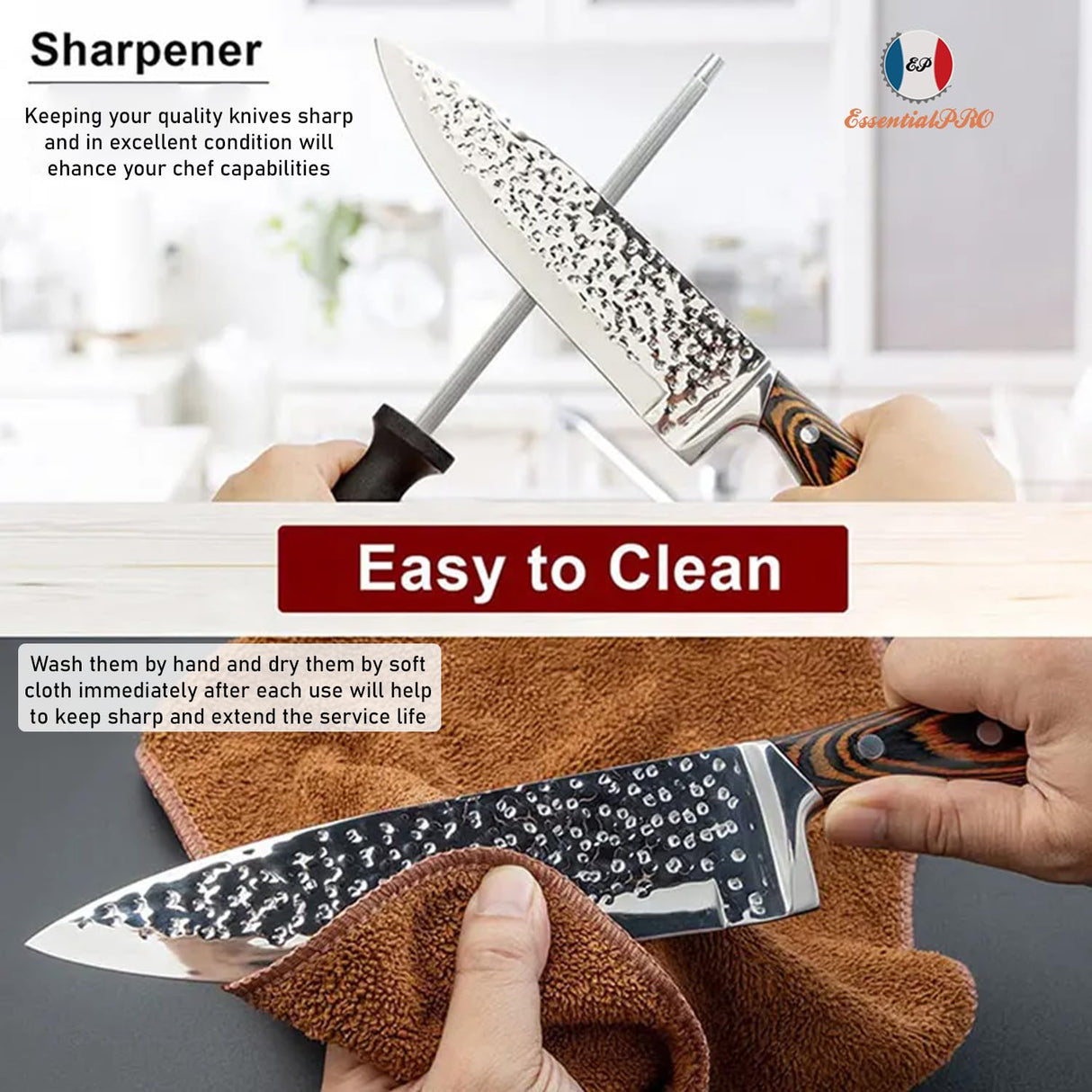 Kitchen Knife Set 15-Piece with Wooden Block. Ultra Sharp High Carbon German Stainless Steel Hammer Pattern Chef & Steak Knives. Full Tang Design with Forged Triple Rivet. Boxed Knife Set