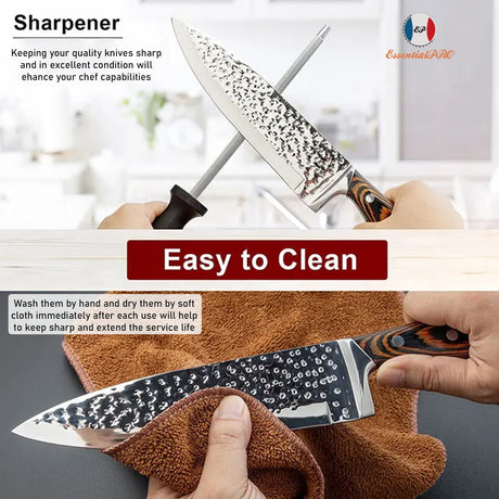 Kitchen Knife Set 15-Piece with Wooden Block. Ultra Sharp High Carbon German Stainless Steel Hammer Pattern Chef & Steak Knives. Full Tang Design with Forged Triple Rivet. Boxed Knife Set