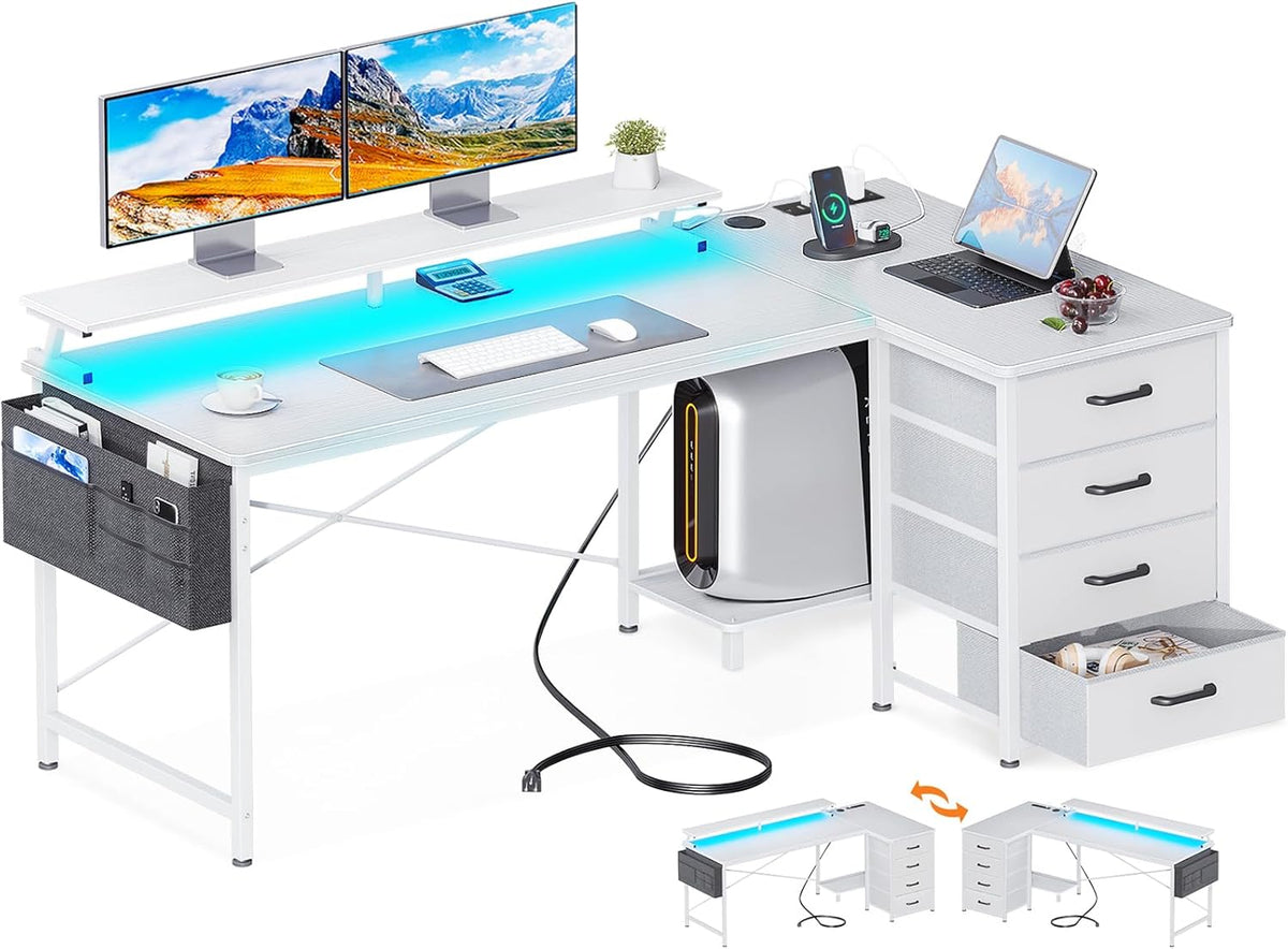 L Shaped Computer Desk with Monitor Stand 140x80cm,Reversible Corner Gaming Desk with LED Lights & Power Outlets& Storage Drawers,for Home Office Writing Study,140 * 80 * 89cm,White