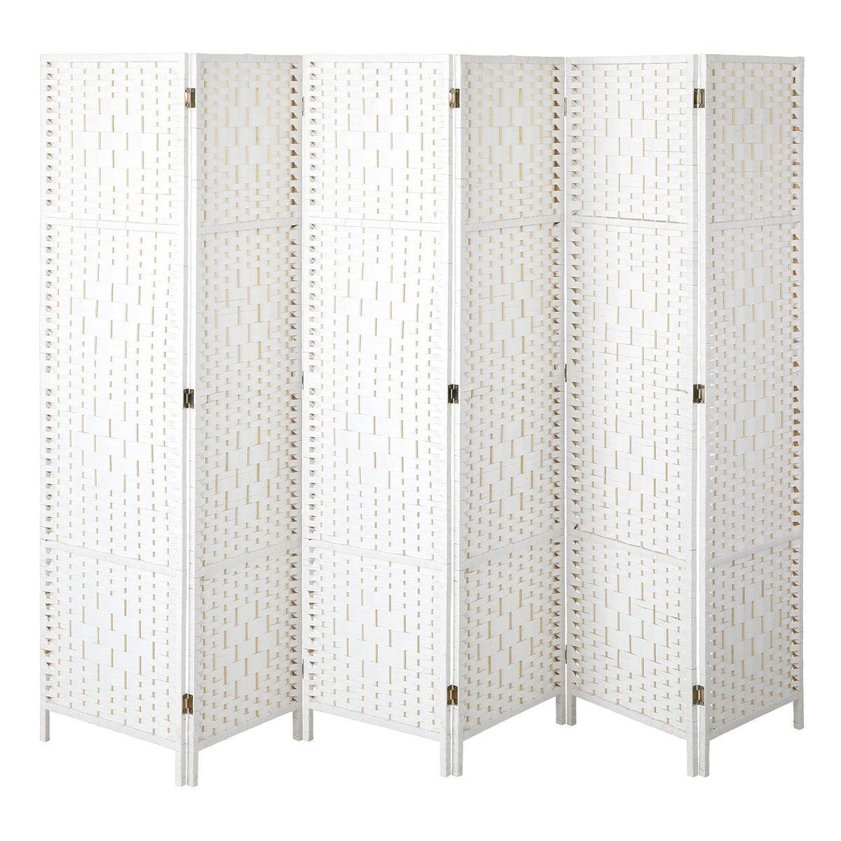 White 6-Panel Pine & Woven-Rattan Room Divider – 170cm