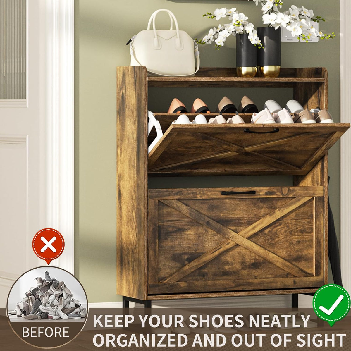 Rustic-Brown Shoe Cabinet with 2 Flip Drawers