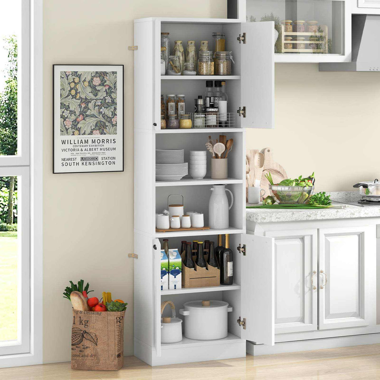 190 CM Kitchen Pantry Cabinet, Tall Freestanding Cupboard with Doors & Shelves, Safety Hinges & Anti-Tipping Devices, Storage Sideboard for Dining Room Living Room, White