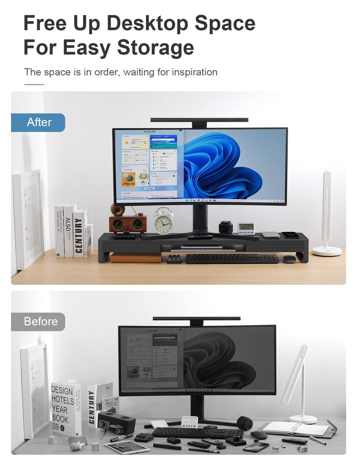 Dual-Monitor Riser with 2 Drawers & Keyboard Storage