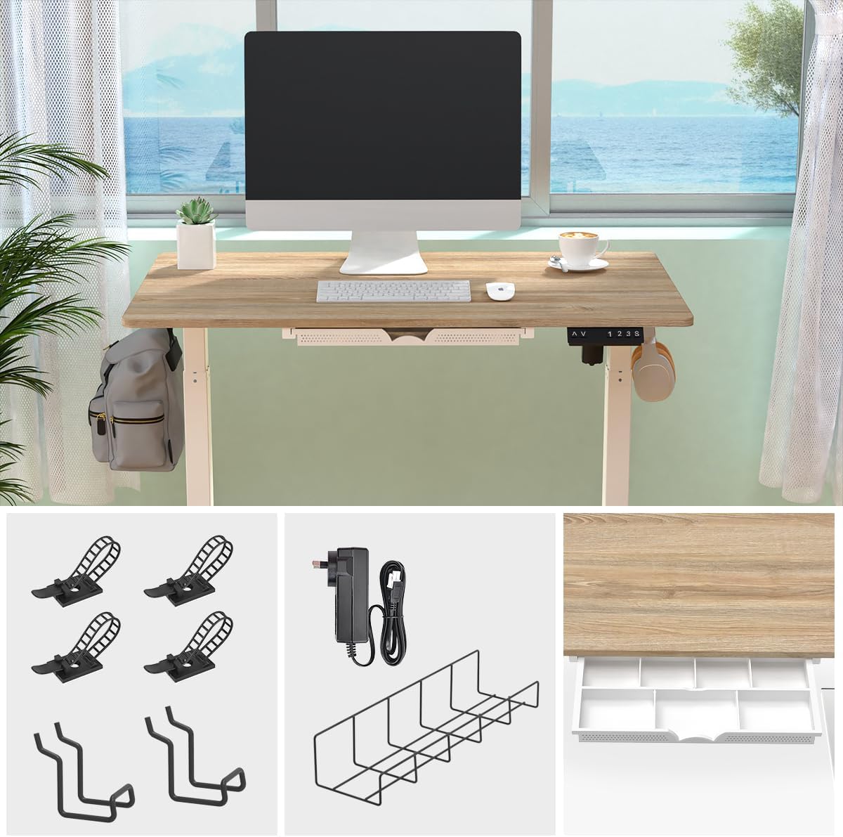 100 x 60cm Electric Standing Desk, Height Adjustable Stand Desk with Drawers,Sit Stand Computer Home Office Desk (Oak Top White Legs)