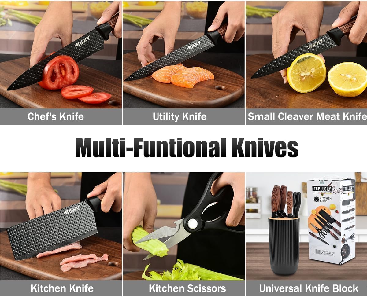 6-Piece Black Stainless-Steel Kitchen Knife Set with Block