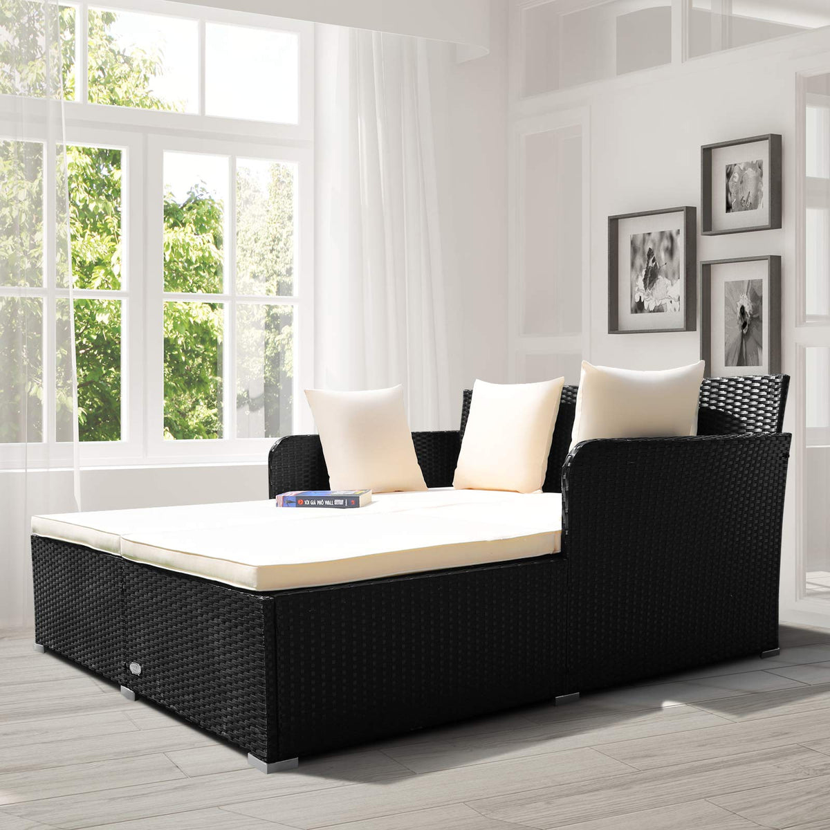 Beige Rattan Outdoor Daybed with Cushion & 4 Pillows