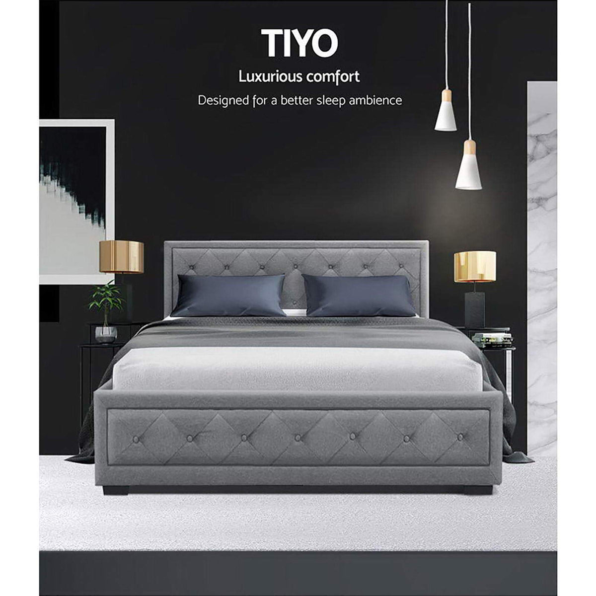Grey Upholstered Double Gas-Lift Storage Bed with Tufted Headboard