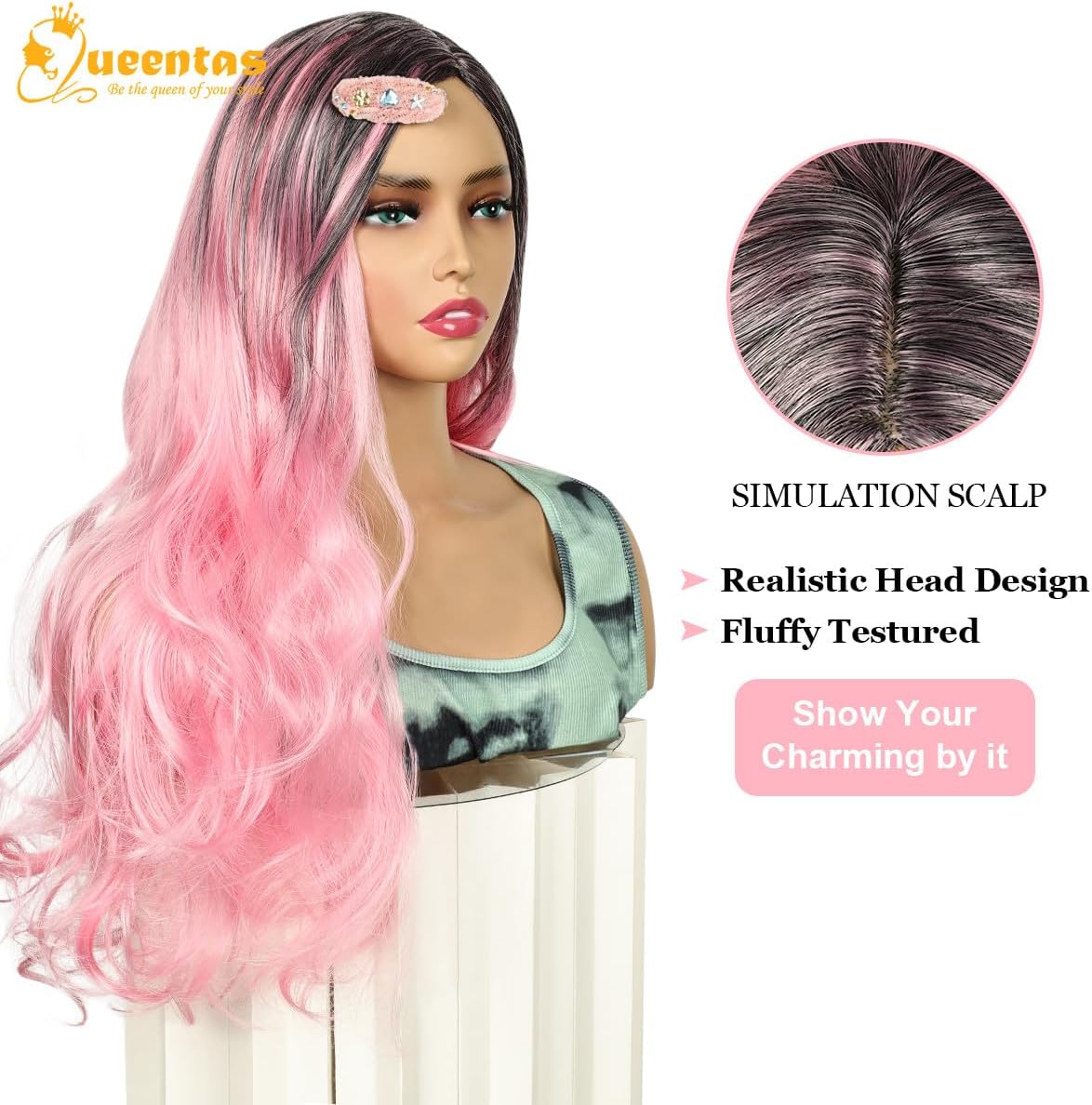 24-Inch Centre-Part Wavy Synthetic Wig – Pink