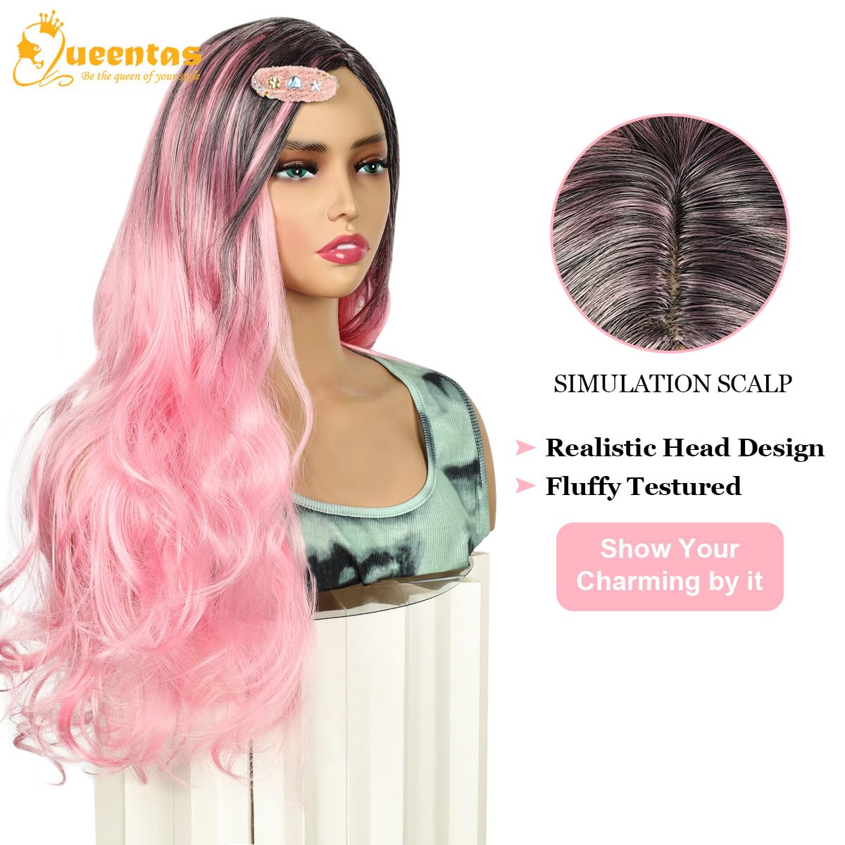 24-Inch Centre-Part Wavy Synthetic Wig – Pink