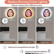 Rechargeable Wall Mounted Makeup Mirror with Lights,8 Inch Double-Sided LED Vanity Mirror 1X/10X Magnification,3 Color Lighting Dimmable Touch Screen 13 Inch Retractable (Black, 1/10X) (Chrome)