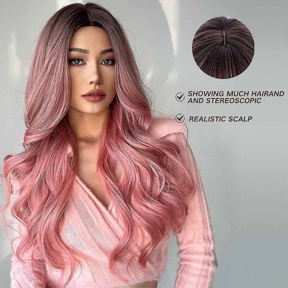 24-Inch Centre-Part Wavy Synthetic Wig – Pink