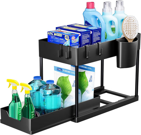 Puricon 1 Pack Under Sink Organizers and Storage Pull Out Sliding Drawer, 2 Tier Multi-Purpose Kitchen Under The Sink Organizer Under Bathroom Sink Shelf Storage Rack for Countertop Laundry -Black