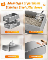 LOVELEDI Cat Litter Box - Stainless Steel Cat Litter Box, Extra Large Cat Little Tray with Lid for Big Cats, XXL Kitty Litter Pan Boxes with High Sides Enclosed, Non-Sticky, 61L x 40.6W x 30.5H CM